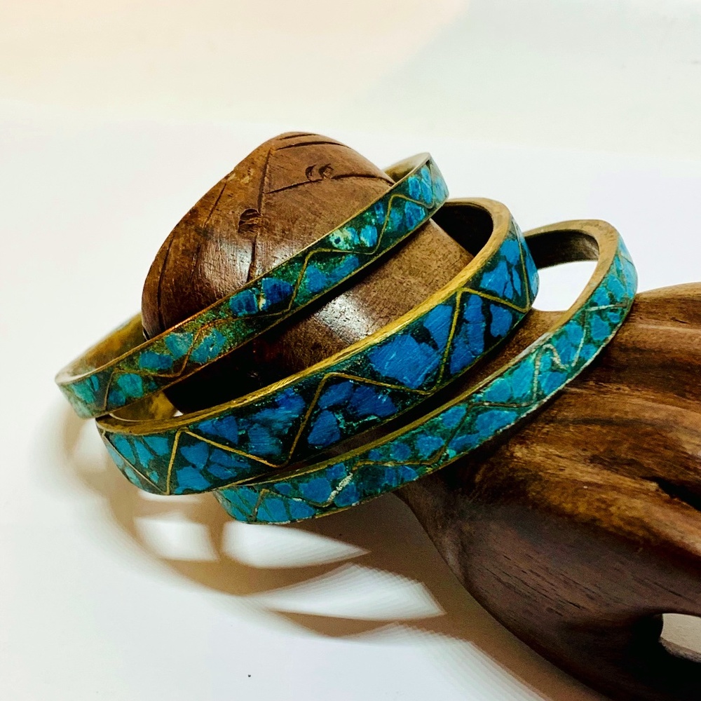 Vintage Brass Turquoise Chip Bangle Bracelets